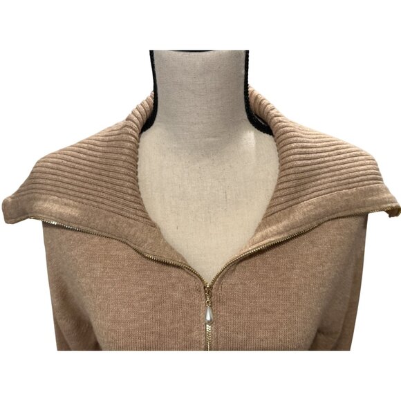 Marc New York Camel Zip-Up Sweater With Ribbed Collar & Pearl Zipper Pull Large - Picture 4 of 5